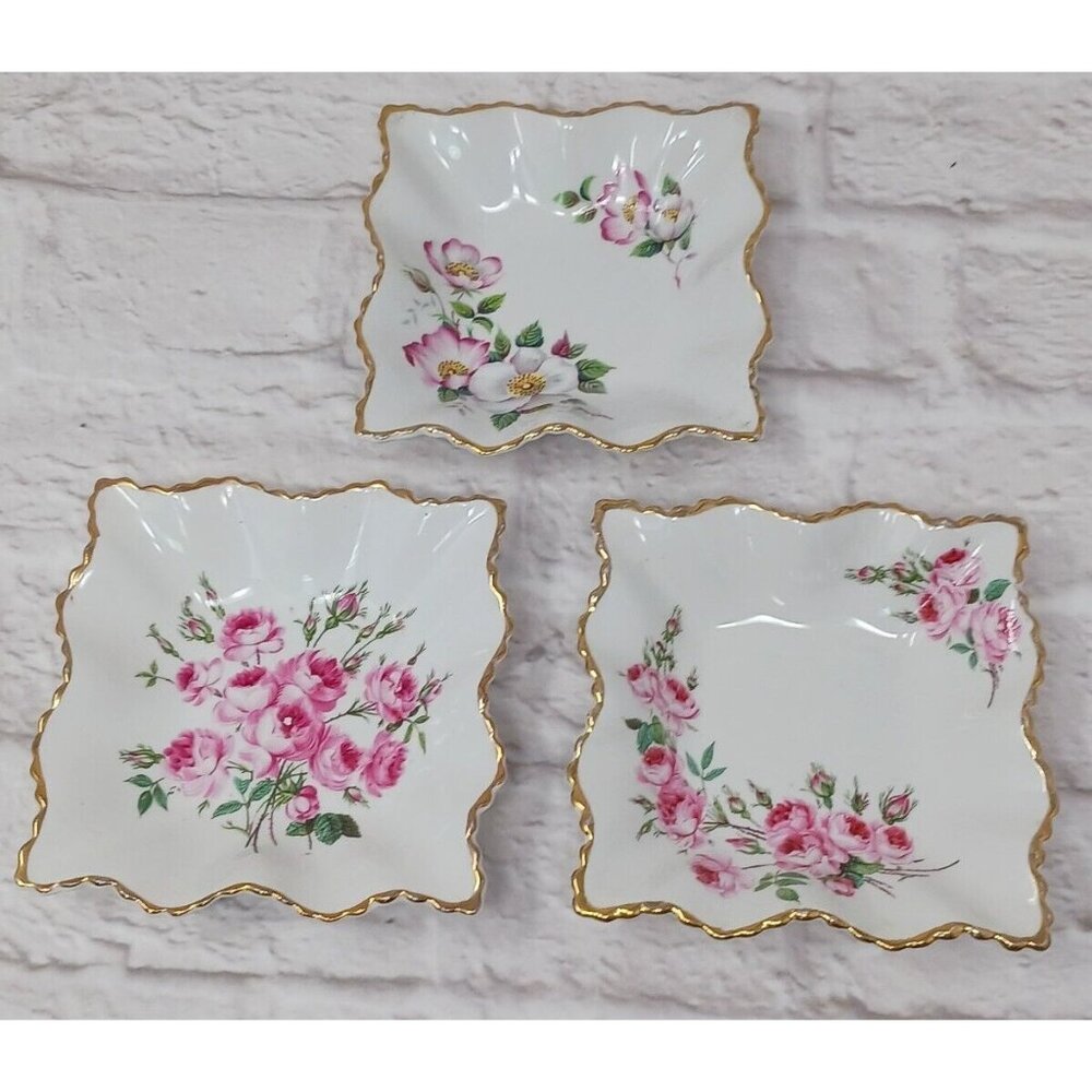 Set of 3 James Kent Old Foley Floral 5" Square Floral Trinket Dishes 6635 6643